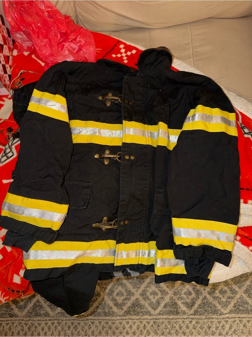 Kids Black Firefighter Costume Jacket with Yellow Reflective Stripes